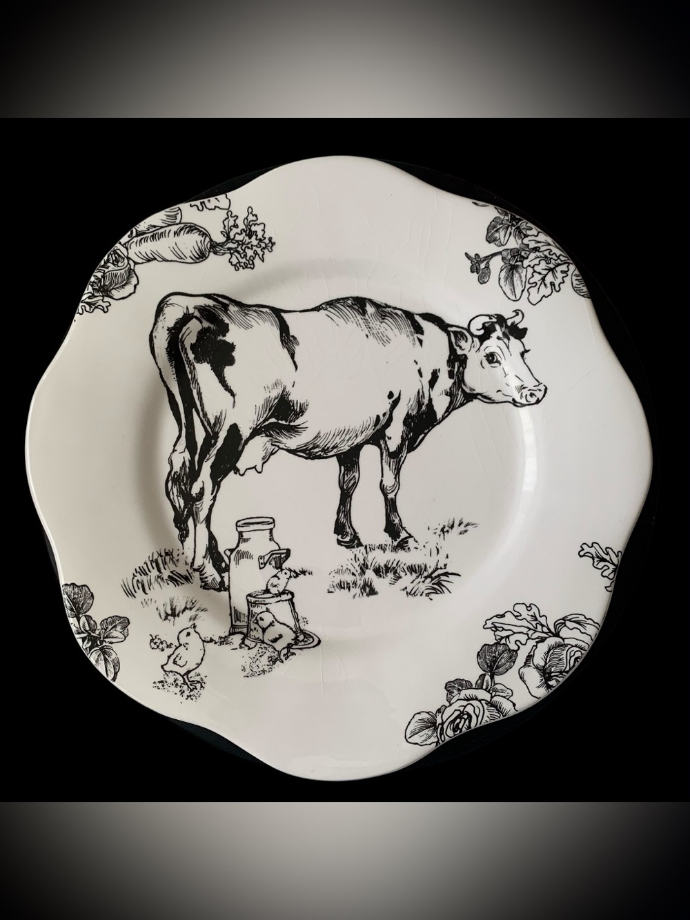 Cow Barnyard Toile 12” Round Scallop Plate E Trostl Ceramic Farmhouse Cottage